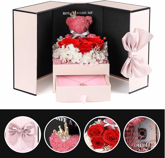 ADDWel Rose Gifts for Women Birthday Christmas - Preserved Real Roses Forever Red Flowers with I Love You in 100 Languages Necklace and Cute Moss Bear for Girlfriend Wife Mom Grandma