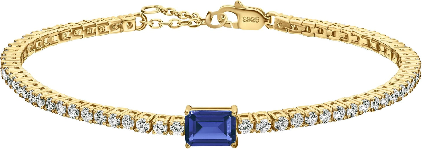 18K White/Yellow Gold Plated Silver Bracelet With Lab Grown Sapphire/Emerald/Ruby Surrounded With Lab Grown Diamond/Moissanite, Bracelet For Women Comes With Gift Box