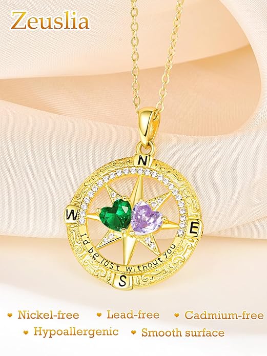 Zeuslia Double Birthstone Necklace Gifts for Wife - 925 Sterling Silver Sunflower/Rose/Crown Cross/Compass/Heart Pendant I Love You Necklace, Anniversary Birthday Gifts for Wife Girlfriend Mom Her