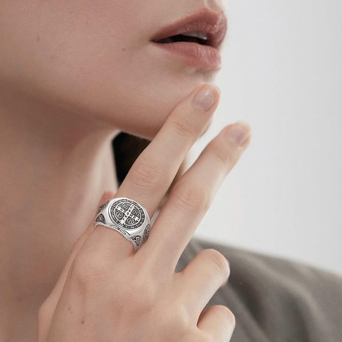 EUDORA S925 Sterling Silver St Benedict Ring San Benito Rings for Women Men, Vintage Ankh Cross Ring Saint Benedict Amulet Adjustable Rings Gifts for Women Mens Father Mother