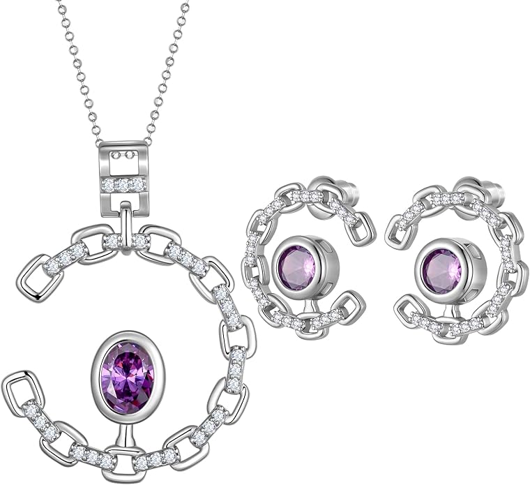 Ydou Elegant C-Shaped Crystal Necklaces/Stud Earrings Set with Birthstone Jewelry Set Silver Plated Fashion Jewelry for Women CS0003