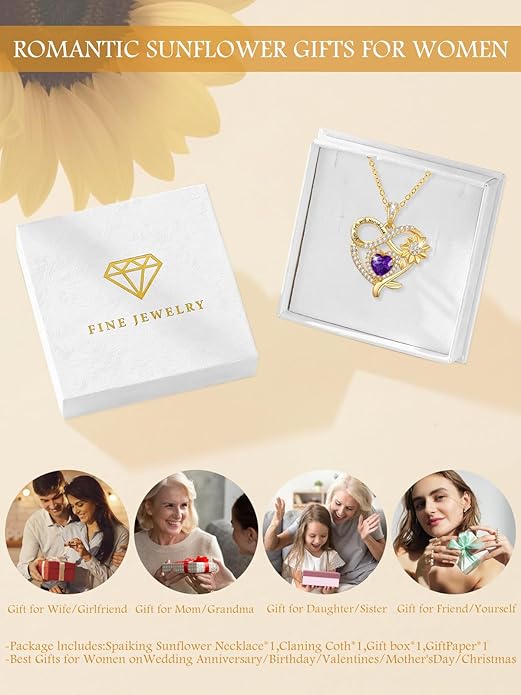 14K Gold Sunflower Heart Necklace for Women, You Are My Sunshine Jewelry with Birthstone Pendant, Anniversary Birthday Gifts for Her Wife Mom Grandma Daughter