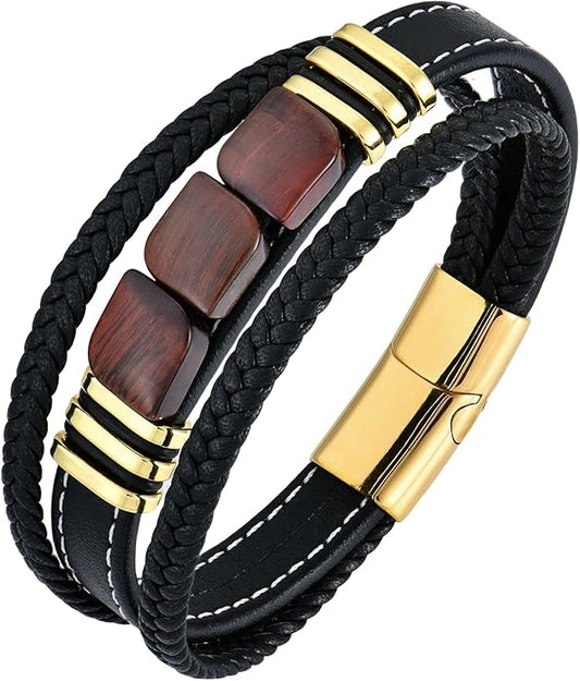 STARCHENIE Multi Strand Bracelet for Men Square Authentic Tiger Eye Black Braided Leather Mens Bracelet and Stainless Steel Buckle