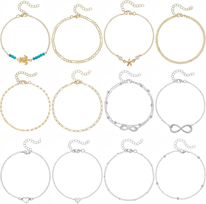 Starain 12Pcs Summer Beach Anklets for Women Waterproof Gold Silver Chain Ankle Bracelets Cute Women's Foot Anklet Set 7.9-10.5 inch Adjustable