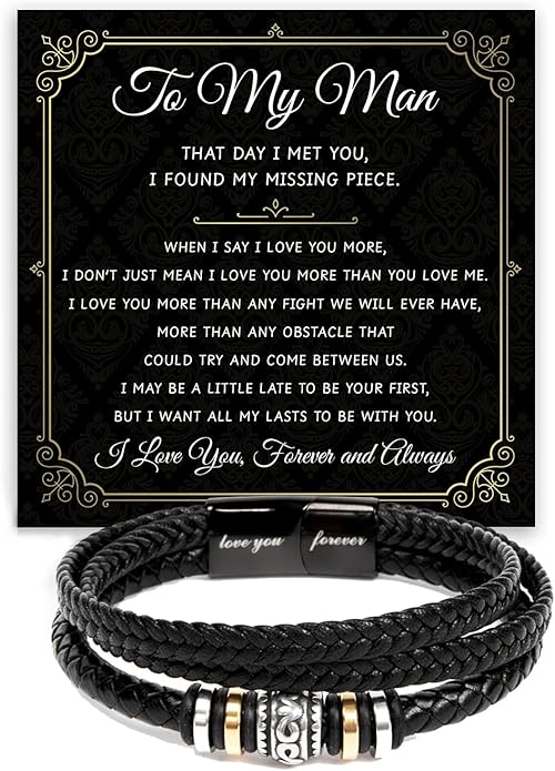 Mapileng To My Man – Braided Leather & Stainless Steel Bracelet with Heartfelt ‘Love You Forever’ - Elegant Gift Box Included, Gift from Girlfriend or Wife for Husband, Boyfriend, or Brother