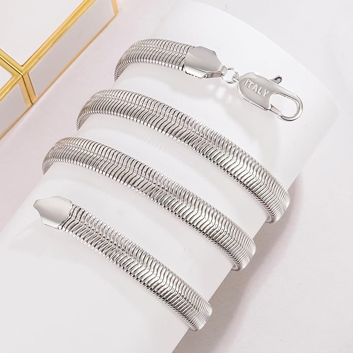 Dankadi Men 925 Sterling Silver Necklace Italian 6MM-8MM Flexible Flat Snake Chain Choker 16-30 Inch 24K Gold plated Fine Jewelry Gifts for Women