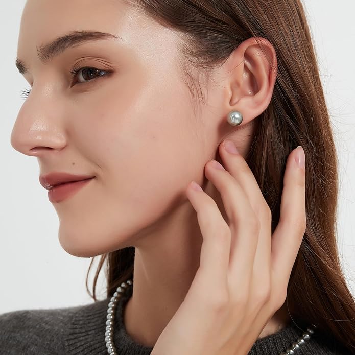 Pearl Necklace 18 inch and Pearl Earrings Studs, Lustrous Gorgeous Imitated Silver/White Pearls Jewelry Set For Women