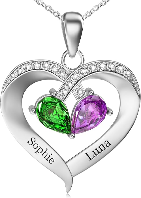Easycosy Custom Name Necklace with Simulated Birthstones Customized Promise Necklace Heart Pendant with Engraved 2-6 Names - Anniversary Birthday Christmas Jewelry Gifts for Women Wife Mom Grandma