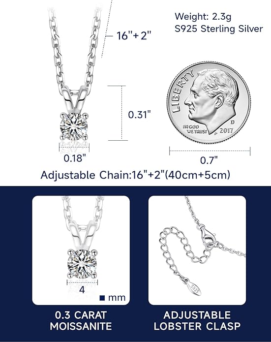 MomentWish Moissanite Solitaire Pendant Necklaces for Women Sterling Silver 0.3/0.5/1/2-Carat D Color VVS1 Clarity Mossanite Jewelry for Women