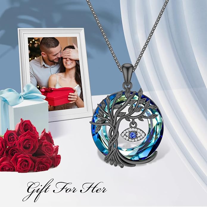 TOUPOP Evil Eye Necklace 925 Sterling Silver Tree of Life Circle Crystal Pendant Necklace Protection Jewelry Amulet Christmas Gifts for Women Her
