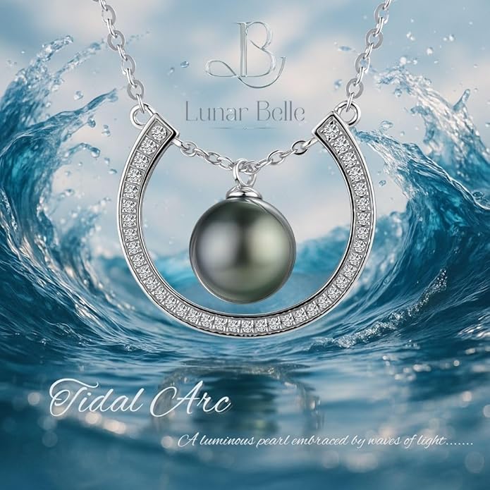 Lunar Belle Tahitian Black Pearl Necklace Pendant, Moissanite in 925 Sterling Silver, Luxury Jewelry Gift for Women Mother Christmas Anniversary (Ocean Halo)