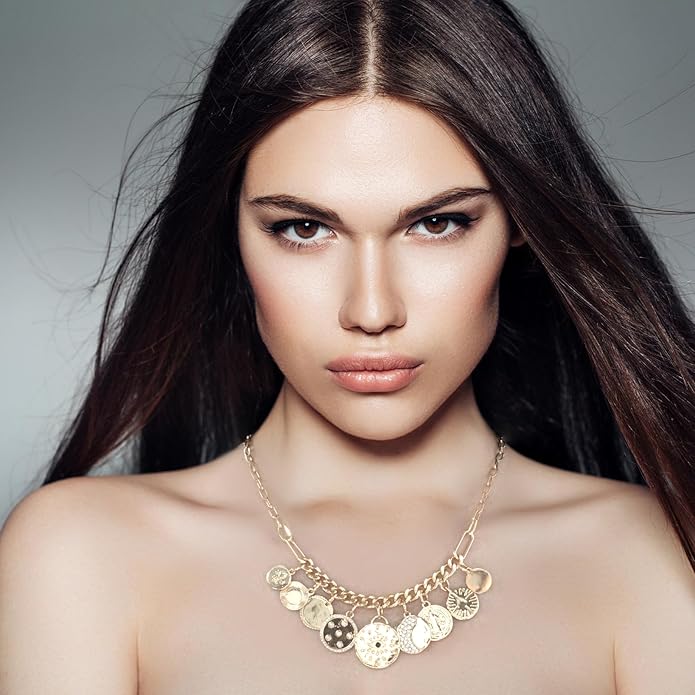 Charm Necklace for Women Gold Plated Chunky Evil Eye Sun Moon Flower Coin Pendant Dainty Handmade Paperclip Chain Necklace Jewelry for Women