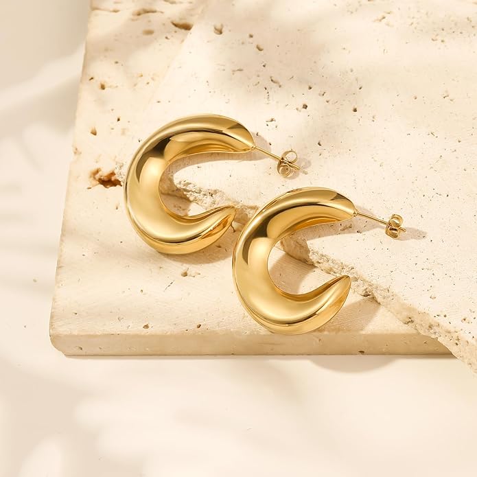 8YEARS Chunky Gold Hoop Earring for Women, 18K Gold Plated Lightweight Thick Hoops, Hypoallergenic Trendy Jewelry for Gift