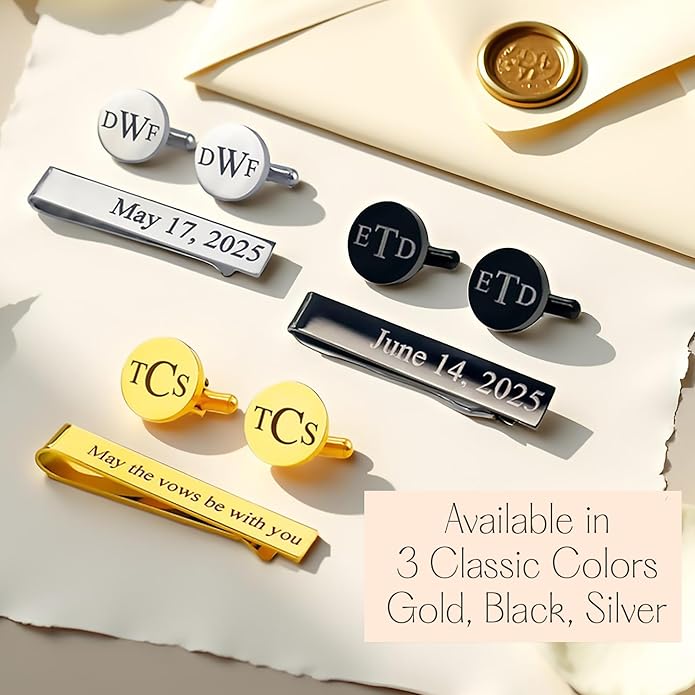 Custom Cuff Links & Personalized Tie Clip Gift Set for Men • Engraved Monogram, Date, Handwriting, Crest, Logo • Father's Day Gift for Dad • Gold, Silver, Black