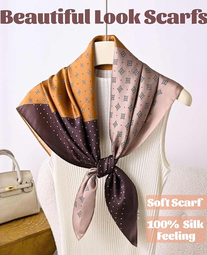 kcctoo 27.5" Mulberry Silk Feeling Head Scarf Women's Fashion Square Neck Satin Scarfs for Bag Hair Scarves Gift