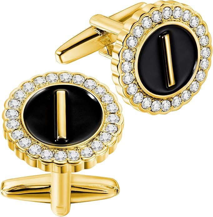HAWSON A-Z Initial Cufflinks for Men and Women with Clear Crystal, Gold Silver Color Rasied Letter A-Z Cuff Links for French Shirt, Gift for Normal and Business Wearing
