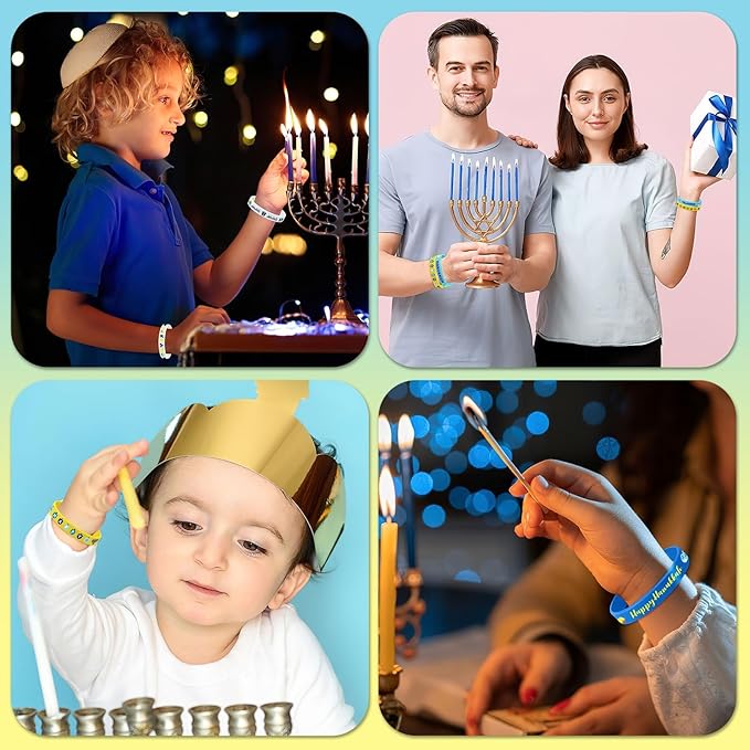 JUNEBRUSHS 64pcs Hanukkah Party Favors Silicone Bracelets Rubber Canukkah Rubber Wristbands for Hanukkah Party Gift Fillers Decorations Supplies(8 Designs)