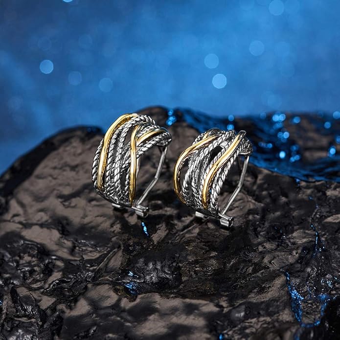 Two Tone Huggie Hoop Earrings Cross Over Design Twisted Rope Silver Gold Statement Wide Band Clip On Hoops for Women Fashion Jewelry Gift