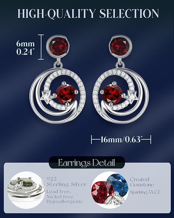 FANCIME Dangle Drop Earrings 925 Sterling Silver Moon Star Round Gemstone Birthstone Jewelry Birthday Christmas Gifts for Her Women
