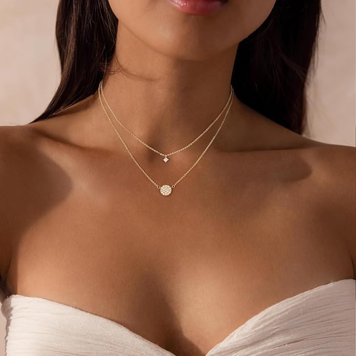 Layered Necklaces for Women,Dainty 14k Gold Plated Choker Necklace Stack Trendy Simple Diamond Pendant Necklace Set for Women Non Tarnish Cute Layering Cubic Zirconia Necklace Fashion Waterproof Jewelry for Women