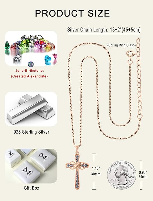 YL 925 Sterling Silver Cross Necklace for Women Halo Infinity Pendant Birthstone Jewelry for Mom