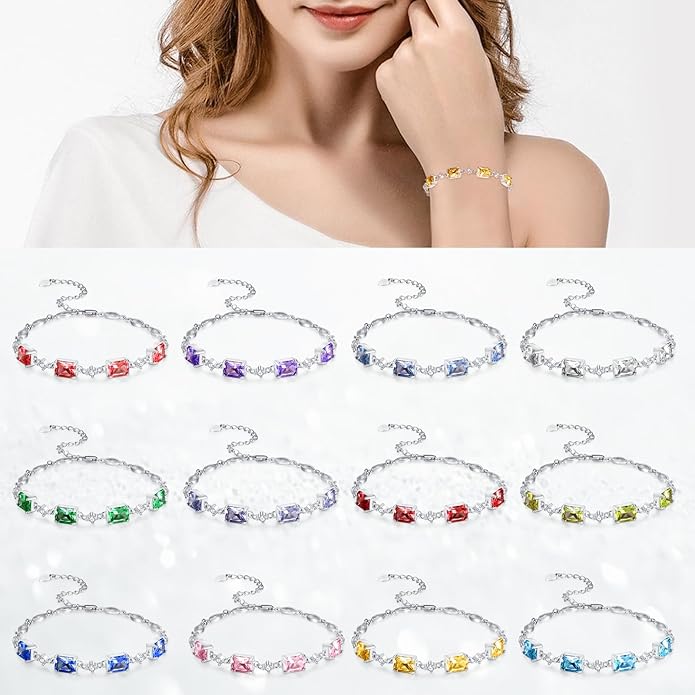 PRAYMOS Birthstone Bracelets for Women Mom Mother's Grandma Sterling Silver Women's Bracelets Birthstone Jewelry Gifts