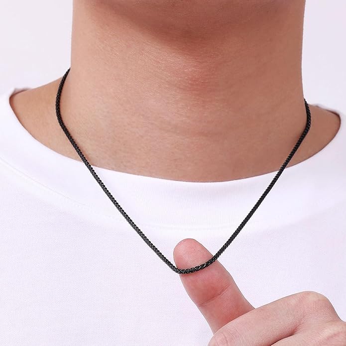 Fiusem Black Wheat Chains for Men and Women, 2/2.5/3/4/5mm Stainless Steel Necklace Chain, Mens Necklace Jewelry Gift 16-28 Inch