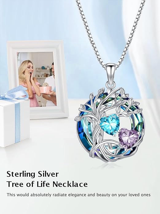 TOUPOP s925 Sterling Silver Family Celtic Tree of Life Pendant Necklaces with 2 Heart Birthstone with Blue Austrian Crystal Jewelry Birthday Anniversary Christmas Gifts for Her Wife Girlfriend Mom (18K Real White Gold Filled)