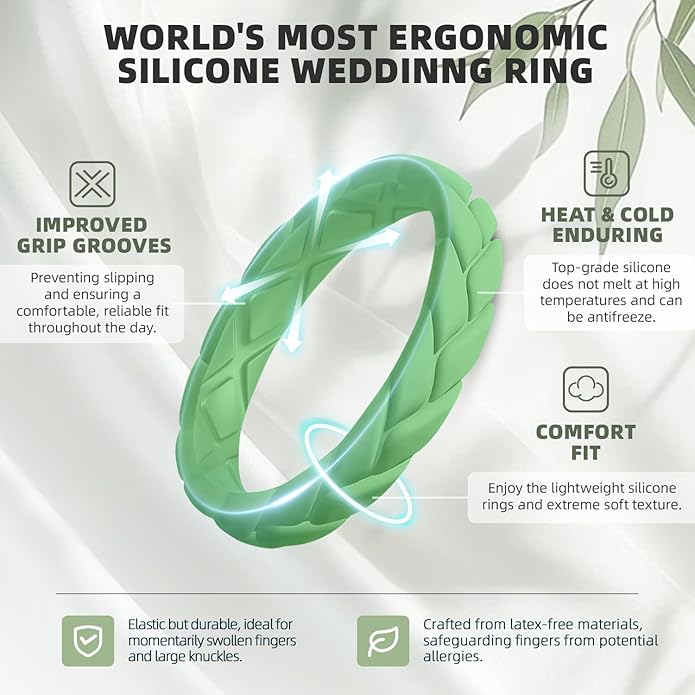 Egnaro Women's Silicone Stackable Rings 3.5mm Wide 2mm Thick, Rubber Flexible Hypoallergenic Wedding Bands For Workout Leaf Braided Fashion