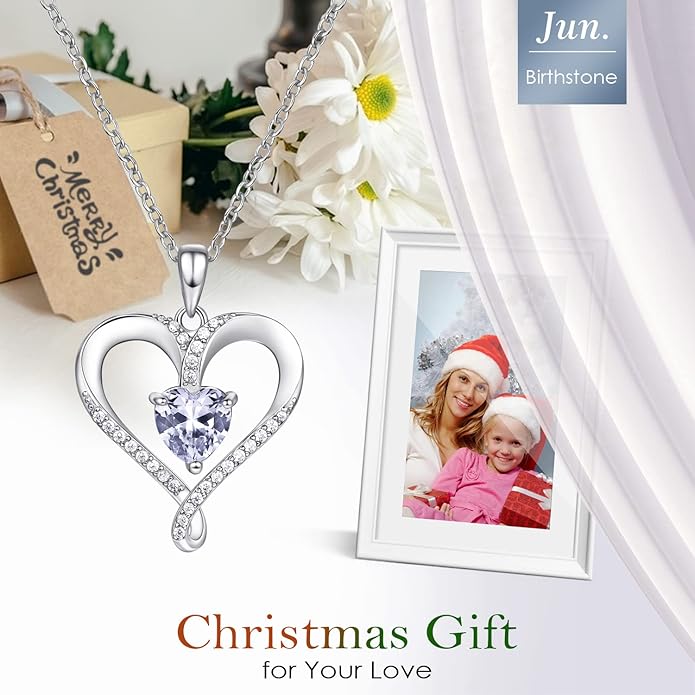 Birthstone Necklace for Women, 18K White Gold Heart Necklace Filled 925 Sterling Silver, Diamond Womens Jewelry Christmas Gifts for Women Wife