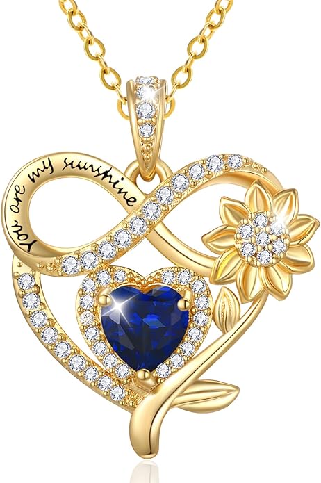 14K Gold Sunflower Heart Necklace for Women, You Are My Sunshine Jewelry with Birthstone Pendant, Anniversary Birthday Gifts for Her Wife Mom Grandma Daughter