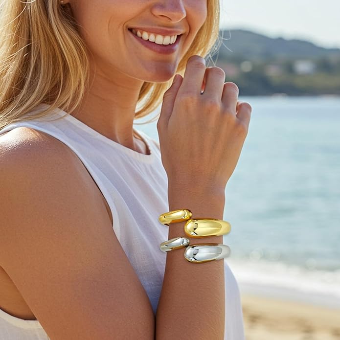 Gold Silver Bangles Bracelet for Women Trendy, 14K Gold Plated Dainty Thick Chunky Cuff Bracelet Stack