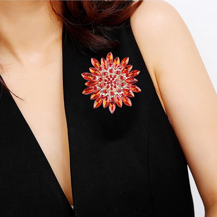 Rhinestone Large Flower Brooches Pins for Women Fashion Sparkly Crystal Sunflower Statement Brooch Unique Wedding Party Suit Dress Jewelry Accessories