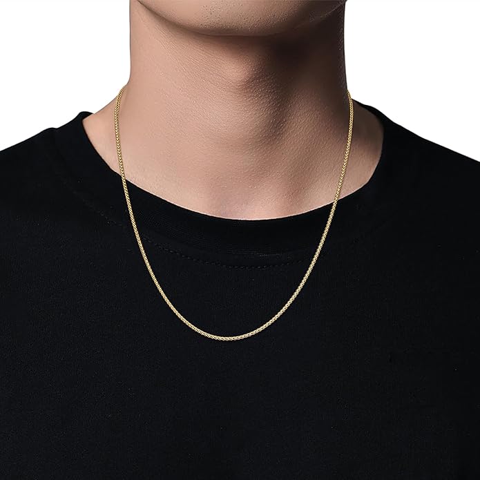 Fiusem Wheat Chains for Men and Women, 2/2.5/3/4/5mm Silver Tone/14K Gold Plated/Black Necklace Chain, Stainless Steel Mens Necklace 16-28 Inch