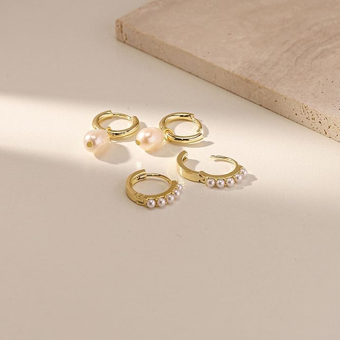 Gold Plated Earrings for Women, 14k Gold Plated Earring Stack Hypoallergenic Pearl Drop Earring Dainty Earrings for Women Trendy Cute Small Huggie Hoop Earring Fashion Womens Jewelry