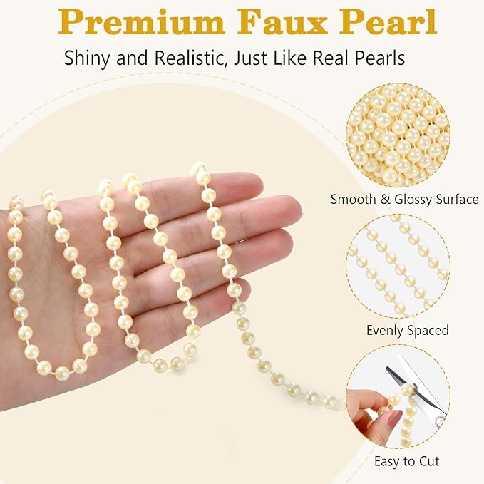 82 Feet Faux Pearl Garland, 6mm Pearl String Roll Strands, Extended String of Pearls Garland for Christmas Tree Wedding Party Decoration Centerpieces Flowers DIY Crafts (Ivory)