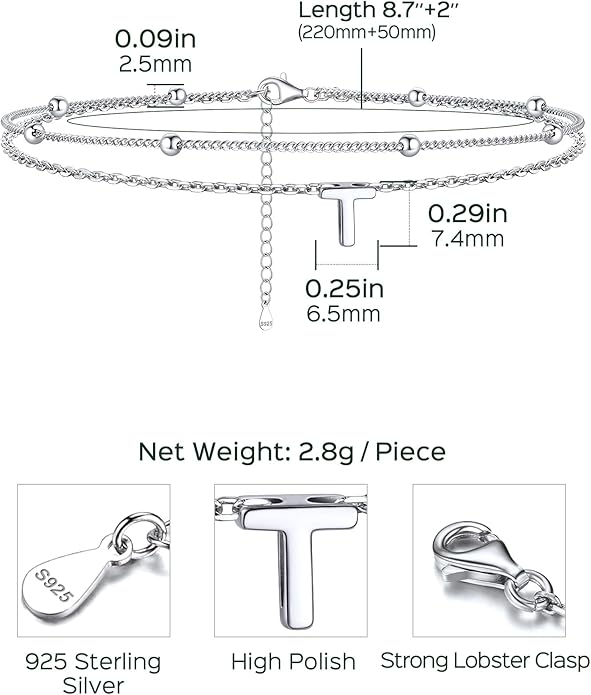 ChicSilver Ankle Bracelets for Women Waterproof, 925 Sterling Silver Initial Anklets for Women, Adjustable Dainty Layered Anklet Beach Jewelry for Women Mom Wife Friend