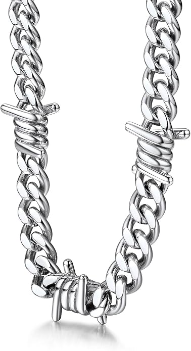 Bestyle Barbed Wire Necklace 5/7/9/12mm Mens Chain Necklaces Hip-hop Punk Gothic Stainless Steel Chain Heavy Thick Cuban Link Chain for Men Women, Length 16/18/20 Inch