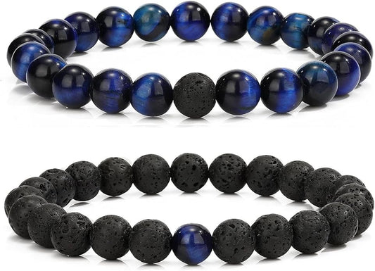 MengPa Mens Beaded Bracelets Couples Matching Bracelet Set Lava Rock Beads for Women Stone Jewelry