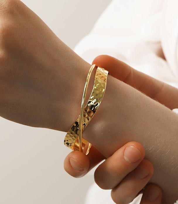 OZEL – Women’s Gold Cuff Bracelets – 18K Gold Plated Textured Bangles with Multi-Color Crystal & Rhinestone Accents – Layered Stacking Jewelry