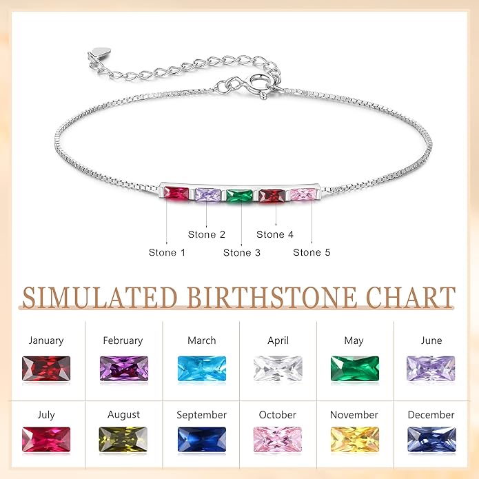 925 Sterling Silver Personalized Mom Birthstone Bracelets for Women — Custom Adjustable Dainty Jewelry for Mother’s Day, Birthday, Christmas Gifts for Mom Grandma Wife
