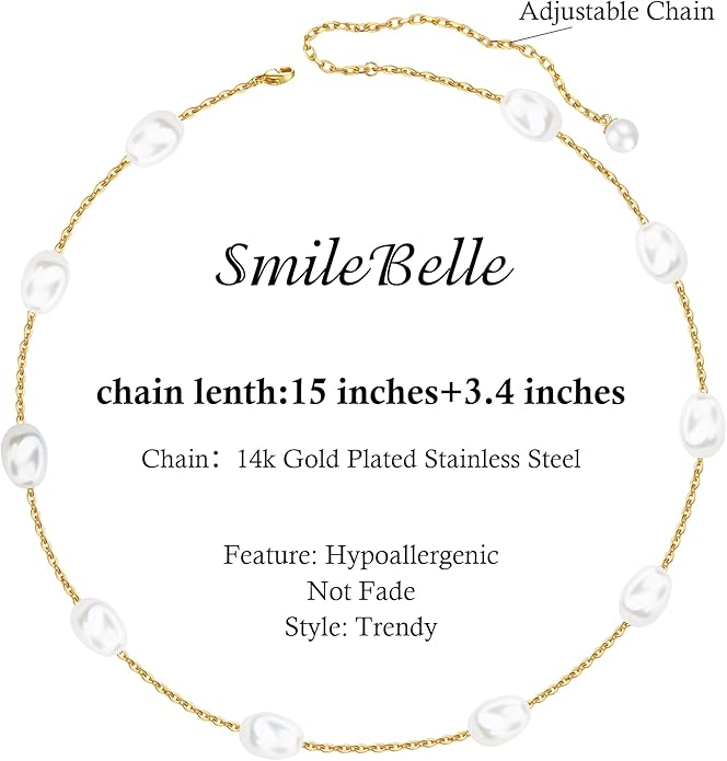 SmileBelle Pearl Necklaces for Women, Daisy Pearl Choker as Y Shaped Pearls Jewelry Gold Heart Necklace for Anniversary Birthday Gifts White Baroque Necklace as Wedding Jewelry