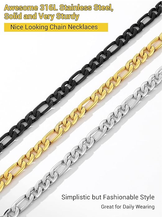PROSTEEL 316L Stainless Steel Figaro Cuban Chain Necklace for Men, Black/18K Real Gold Plated, 4/5/6/7.5/9/10/13mm, 14inch-30inch, Come with Box