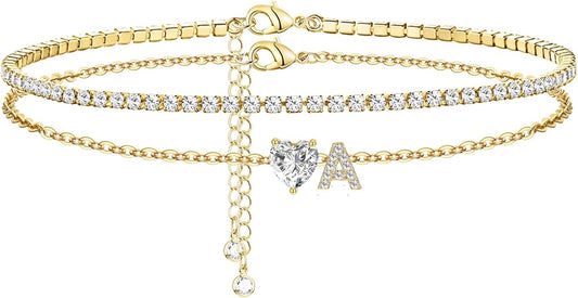 Gold Initial Ankle Bracelets for Women 14K Gold Plated CZ heart Tennis Anklets for Women Waterproof Layered Adjustable Letter Anklets Large Ankle Summer Beach Foot Jewelry