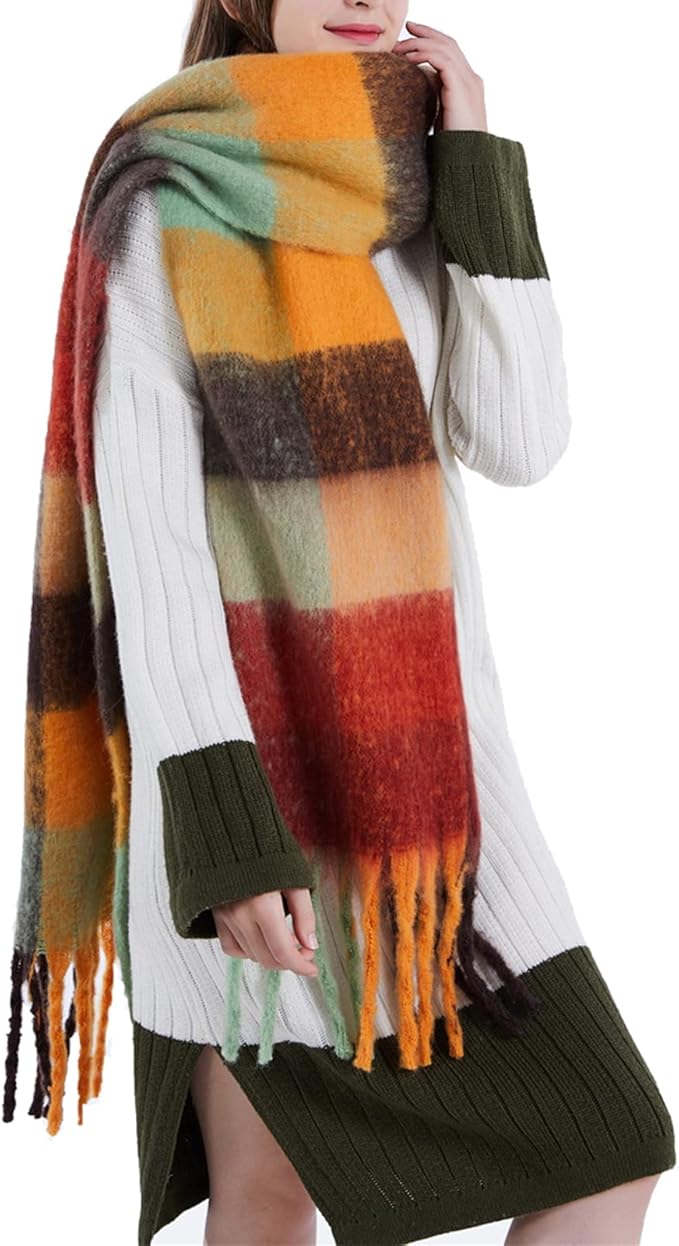 SHOHOKU Large Chunky Plaid Scarf Coloured Checked Oversized Scarf Tassel Soft Fall Winter Thick Warm Shawl Women