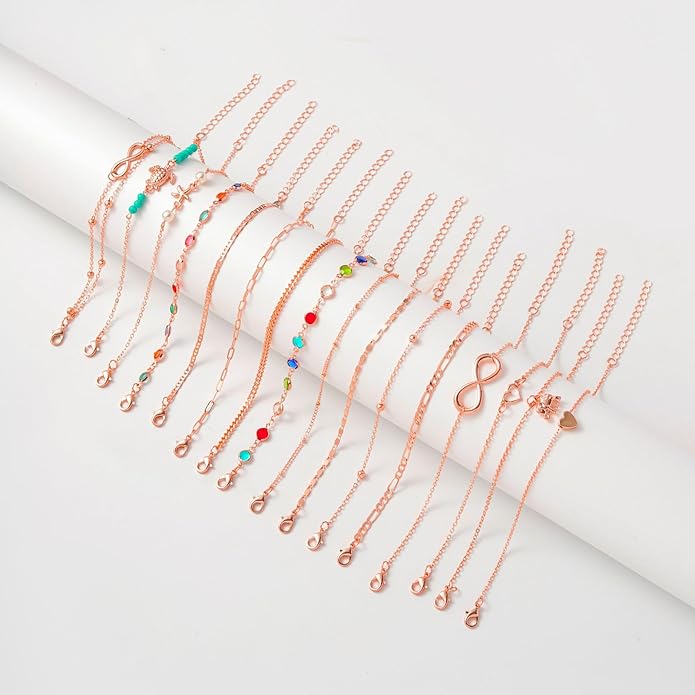 Starain 12Pcs Summer Beach Anklets for Women Waterproof Gold Silver Chain Ankle Bracelets Cute Women's Foot Anklet Set 7.9-10.5 inch Adjustable