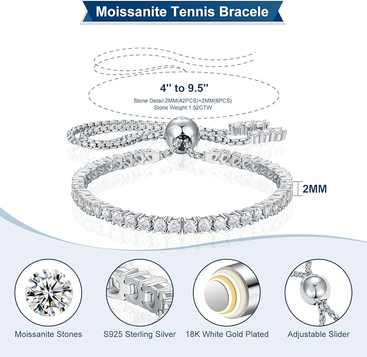 Moissanite Tennis Bracelet 1.52ct-7.76ct Adjustable Bracelet for Women 18K White Gold Plated S925 Sterling Silver Tennis Bracelet D Color VVS1 Round Cut 2/3/4mm Moissanite Bracelet Gifts for Wife/Mom