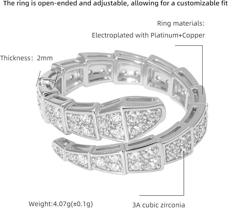Aura & lrena Adjustable Snake Rings for Wome, 18K Gold or Platinum Plating Open-Ended Ring with AAA Cubic Zirconia Fashion Jewelry, Statement Gift Design Rings for Men and Women Non Tarnish