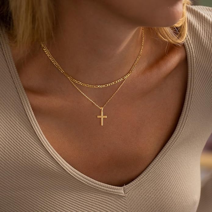 Cross Necklace for Women Dainty 14K Real Silver Gold Plated Layered Cross Pendant Necklace Stack Simple Trendy Cute Charm Choker Necklaces Jewelry Gift for Women Teen Her