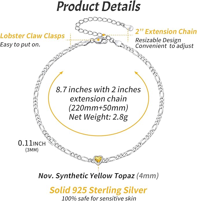 ChicSilver Sterling Silver Anklets Bracelets for Women, Figaro Chain Heart/Round Birthstone Anklet for Women Waterproof, Dainty Herringbone Ankle Bracelet Summer Beach jewelry